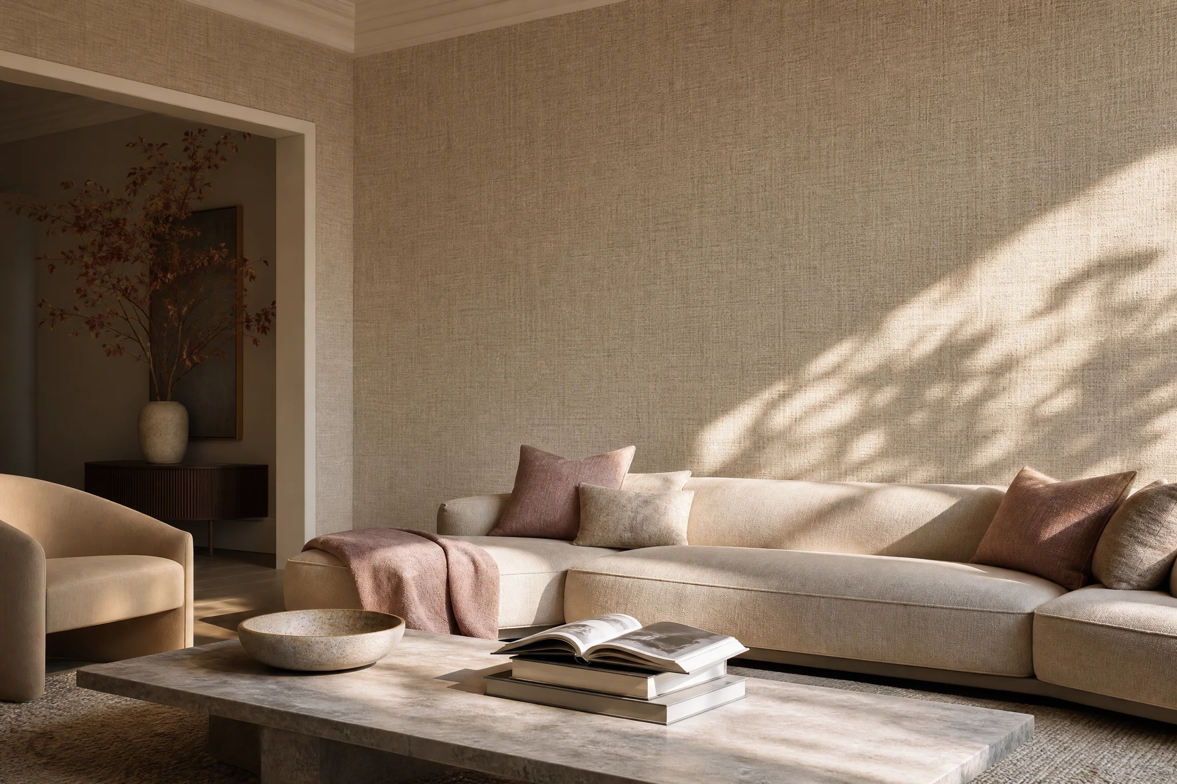 Modern living room accent wall with textured wallpaper