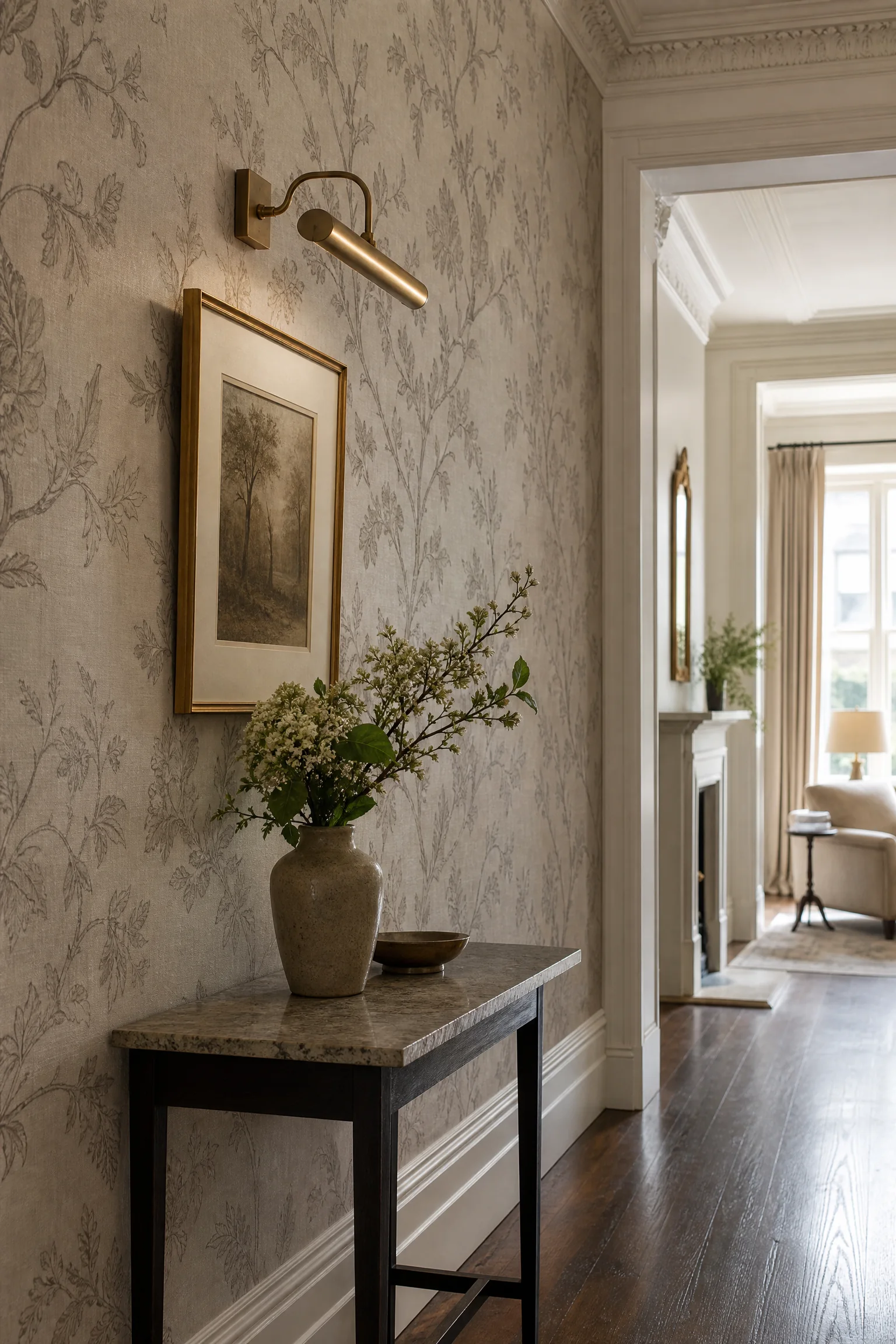 Minimalist hallway design with patterned wallpaper